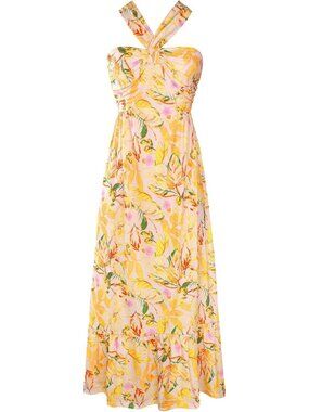 Women's Maxi Dress Yellow Floral Halter Neck Sleeveless A LINE Summer Comfort